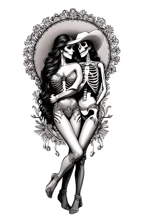 Skeleton Charro Hugging Attractive Mexican Woman
