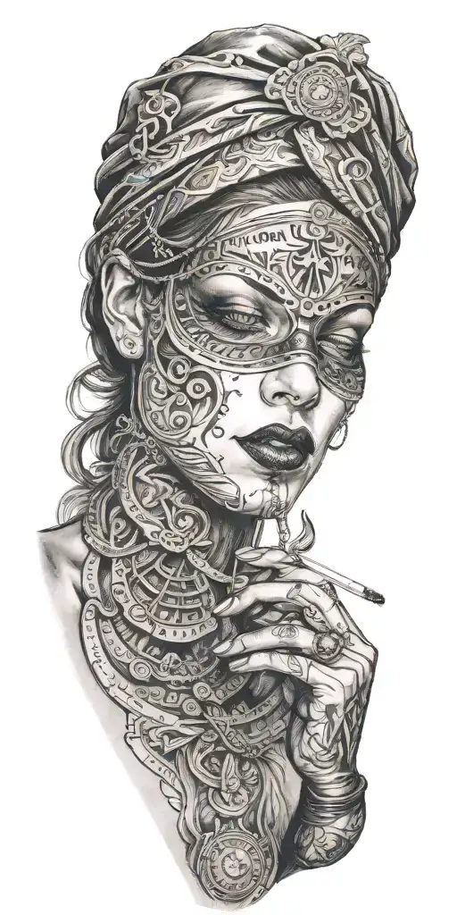 Head Of A Blindfolded Woman Smoking A Cigarette Over A Ouija Board