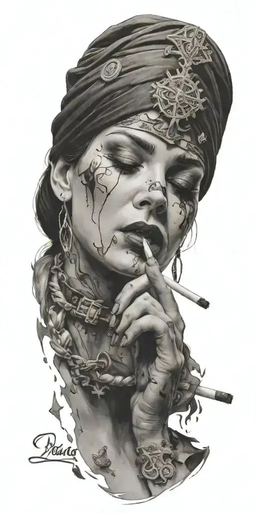 Head Of A Blindfolded Woman Smoking A Cigarette And The Ashes Are Falling Over A Ouija Board