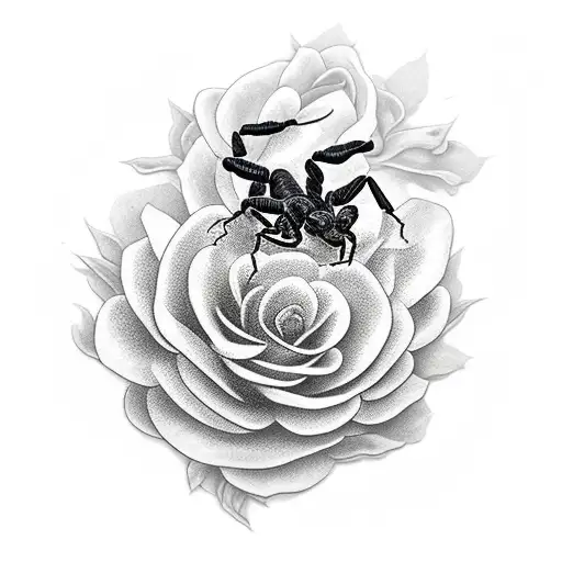 A Realistic Black-grey Tattoo Of A Scorpion Surrounded By Blooming Roses