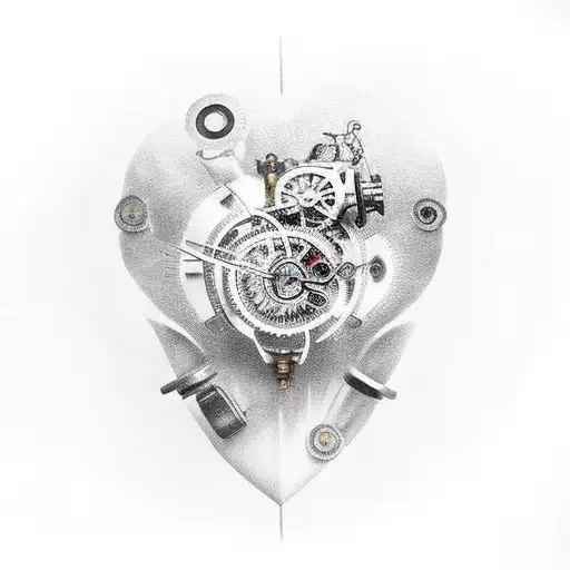 A Realistic Tattoo Of A Clockwork Heart Surrounded By Car And Bike Parts