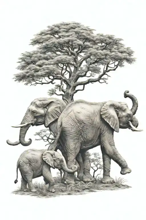 Elephants Mom And 2 Bsbys With Life Tree Growing