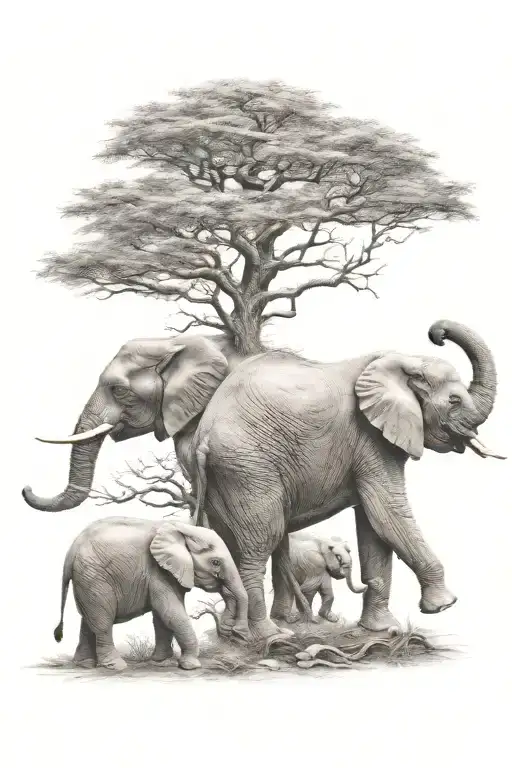 Elephants Mom And 2 Bsbys With Life Tree Growing