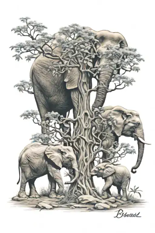 Elephants Mom And 2 Bsbys With Life Tree Growing