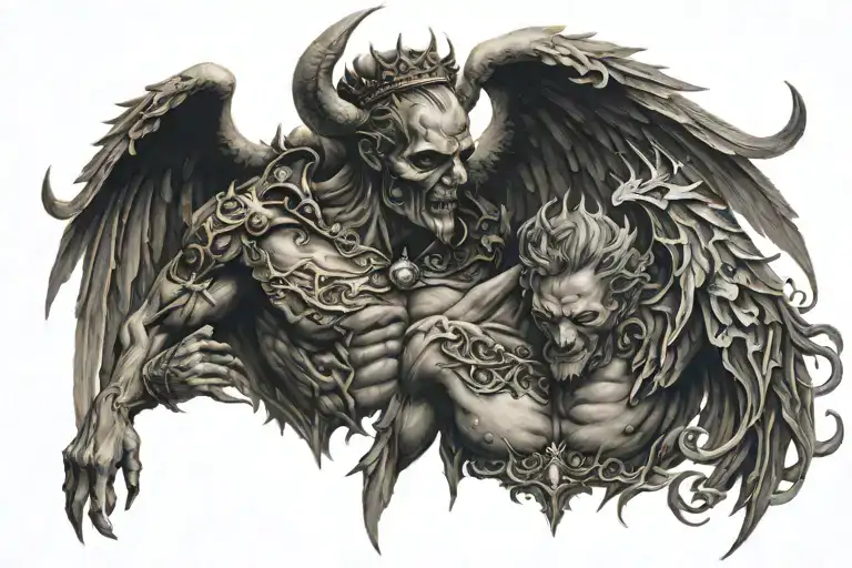 Demon And Angel Chest Tattoo With Crown