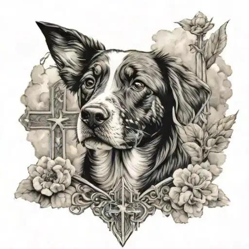 A Dog Surrounded By Heaven And Cross Background