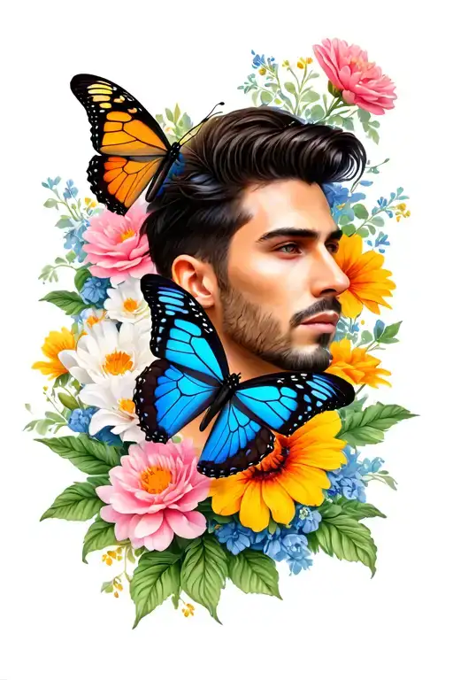 Butterfly And Flowers Around Him