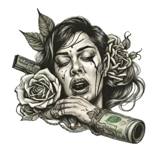 Crying Woman Rose Gun Money Bag