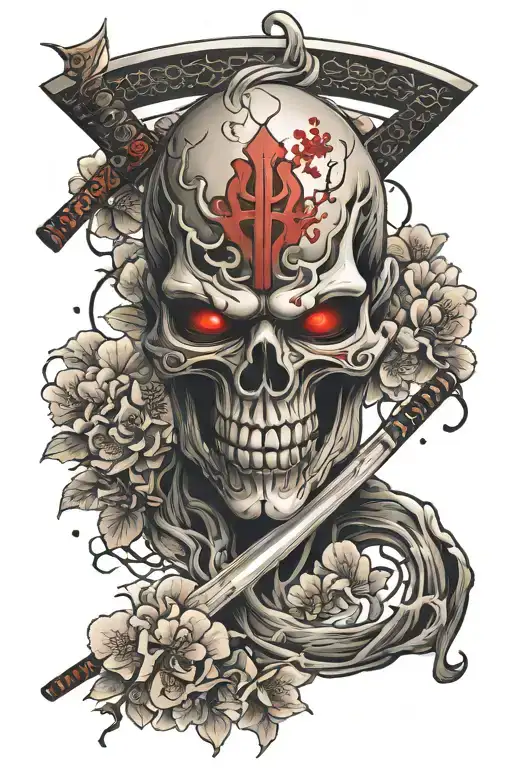 Oni Mask Split In Half Skull In Middle With Katana Behind And Cherry Blossoms Falling Around It