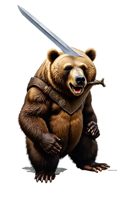 Realistic Bear Tattoo Carrying A Sword In Its Mouth
