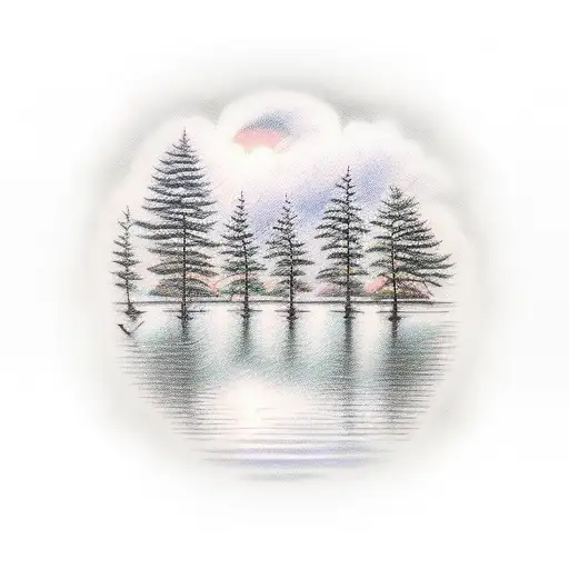 A Realistic Portrayal Of A Serene Lakeside Sunset With Vibrant Reflections On The Water