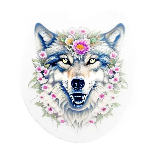 A Portrait Wolf Face Surrounded By Flowers