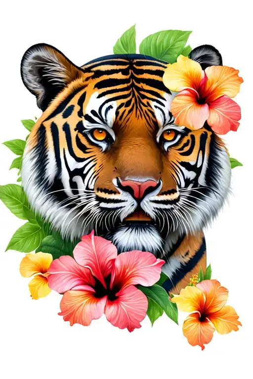 Tiger Side Of Face And Hibiscus Flowers