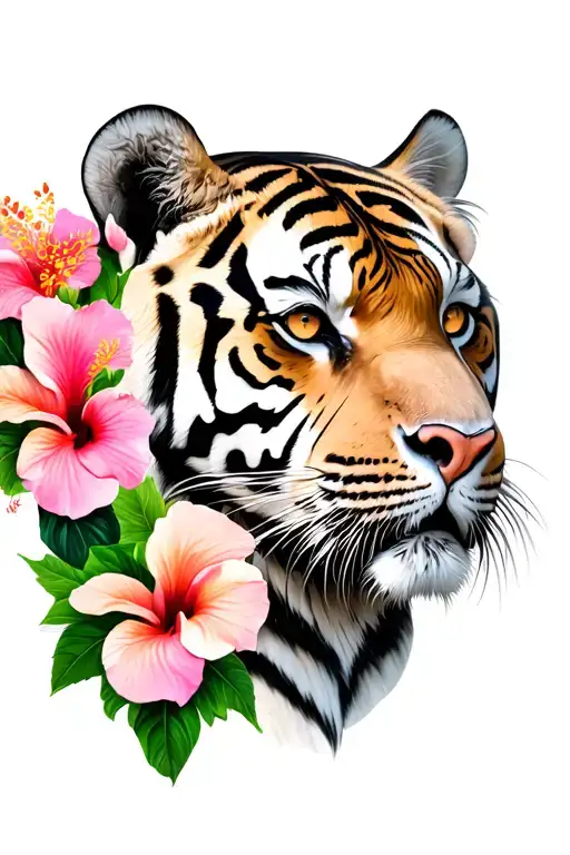 Tiger Side Of Face And Hibiscus Flowers