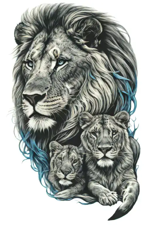 A Male Lion With Blue Eyes Protecting His Daughter