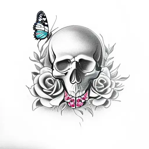 Skull With Roses And A Butterfly