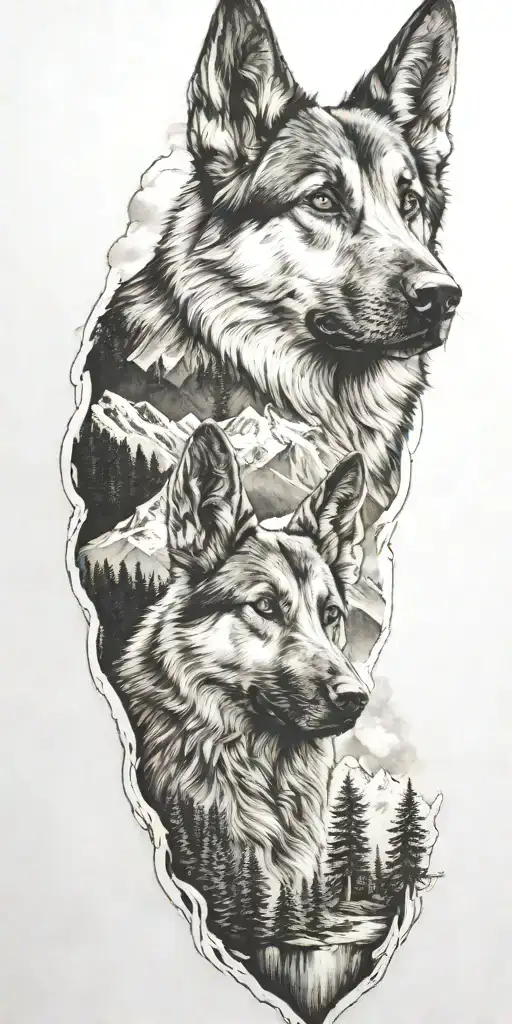 German Shepard And Mountains And Trees