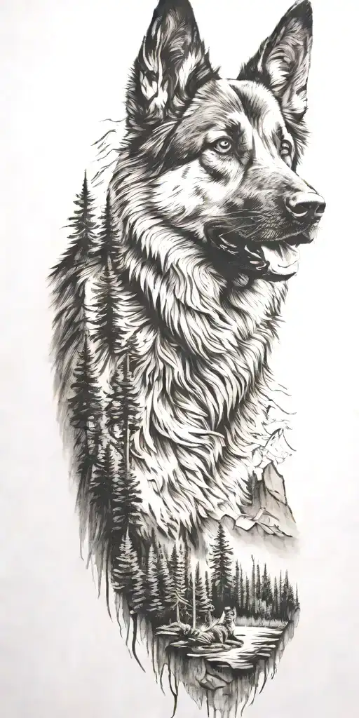 German Shepard And Mountains And Trees