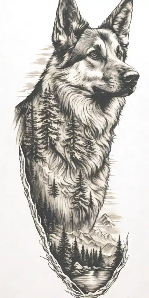 German Shepard And Mountains And Trees