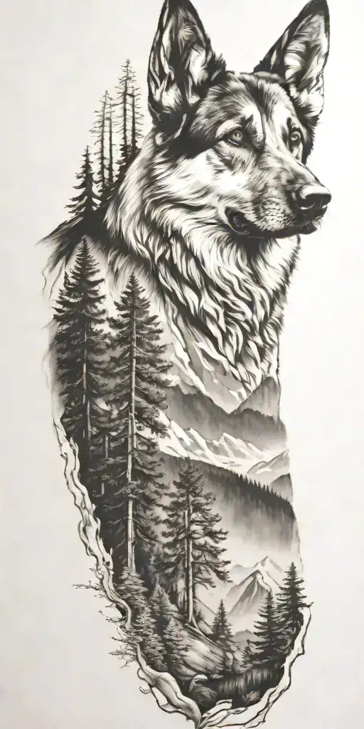 German Shepard And Mountains And Trees