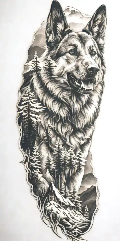 German Shepard And Mountains And Trees