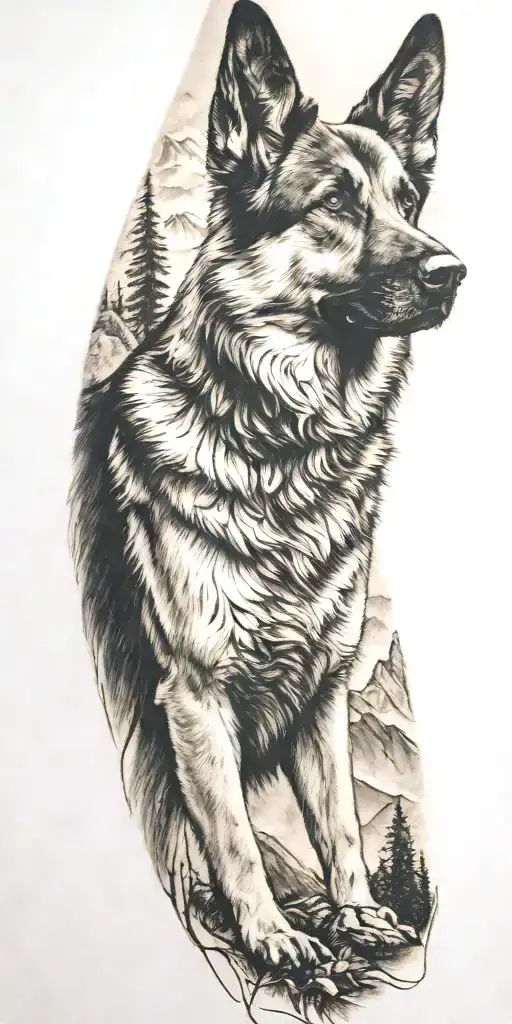 German Shepard And Mountains And Trees