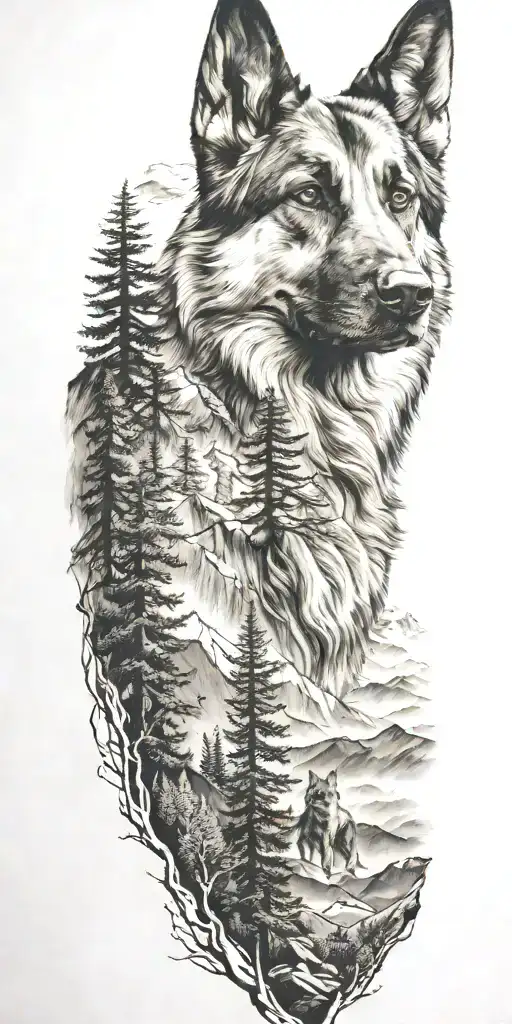 German Shepard And Mountains And Trees