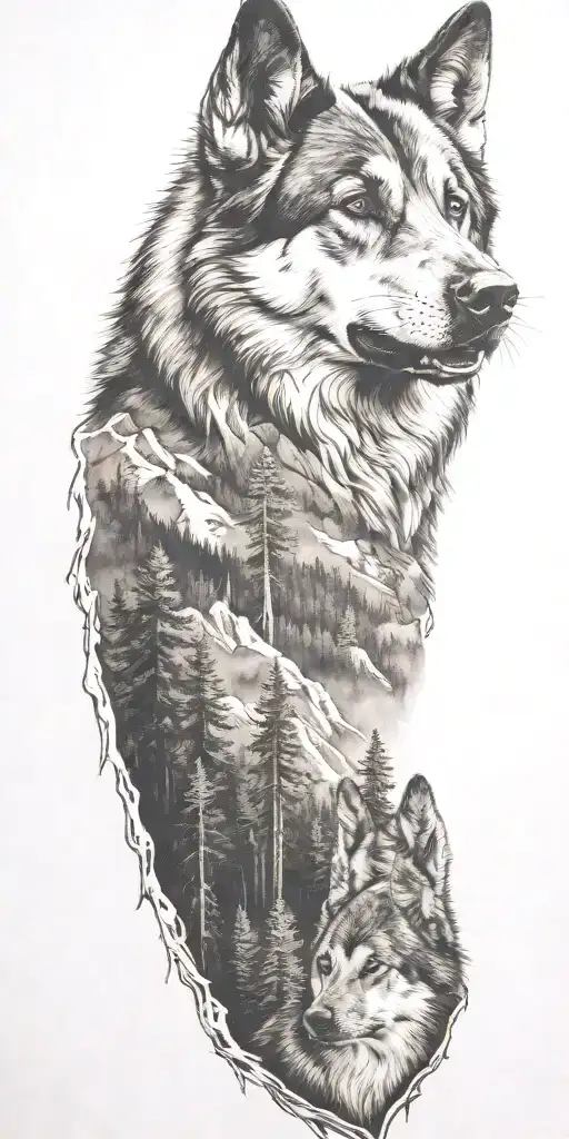 German Shepard And Mountains And Trees