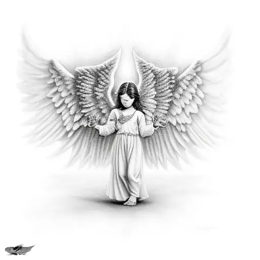 Black And White Angel Child Flying Shaking Hands With Demon Child