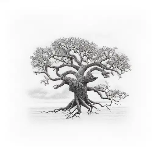 Oak Tree With Roots And 3 Birds On A Branch