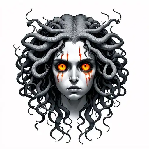 Medusa Tattoo With Battle Scars Representing Strength And Bright Orange Snake Eyes