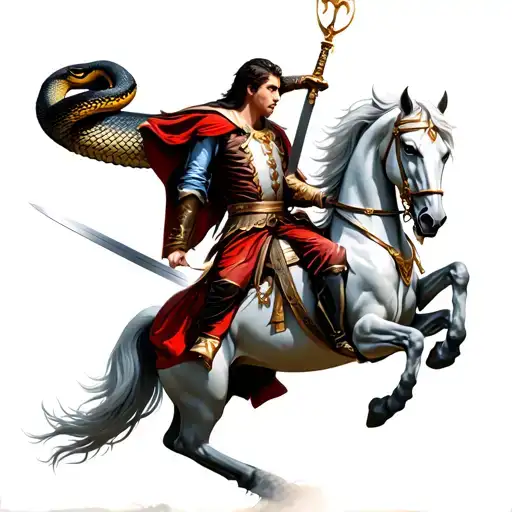 A Prince On A White Horse Defeats A Snake With A Sword