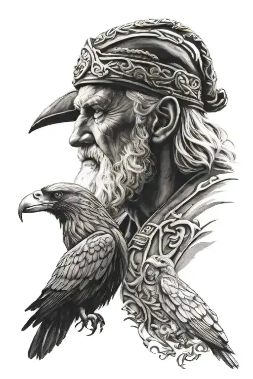 Portrait Of Odin With Raven In Black And White