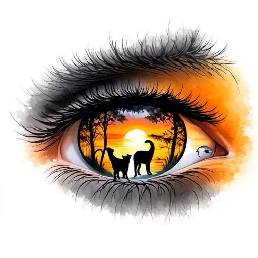 Realistic Eye With Woods And 3 Cats Playing With Sunset In The Reflection Of The Eye