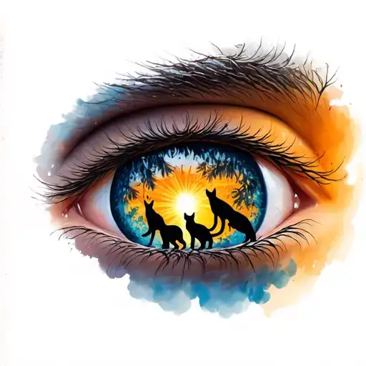 Realistic Blue Eye With Woods And 3 Cats Playing With Sunset In The Reflection Of The Eye