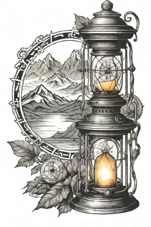 Lantern With Compass And Mountains Panorama