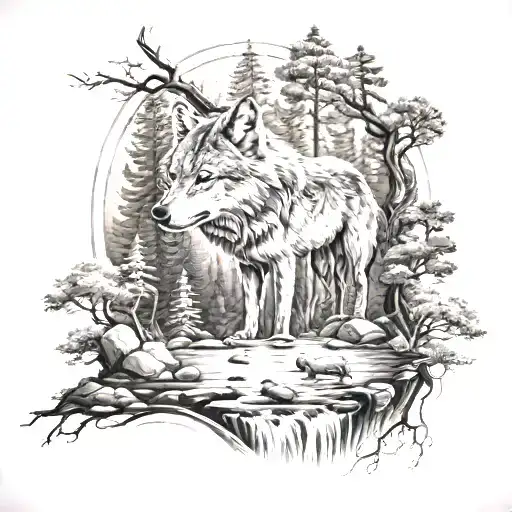 Realistic Tattoo On The Calf Of A Wolf With Shaded Under A Landscape With A Stream And A Forest