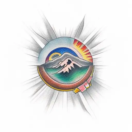 Create A Tattoo With Realisitc Mountains And A Sun Surrounding A Quote