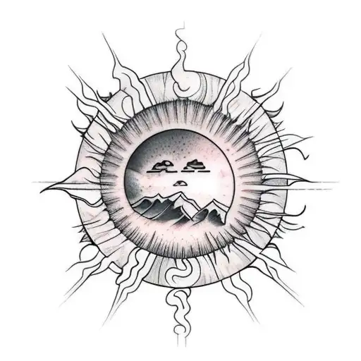 Create A Tattoo With Realisitc Mountains And A Sun Surrounding A Quote