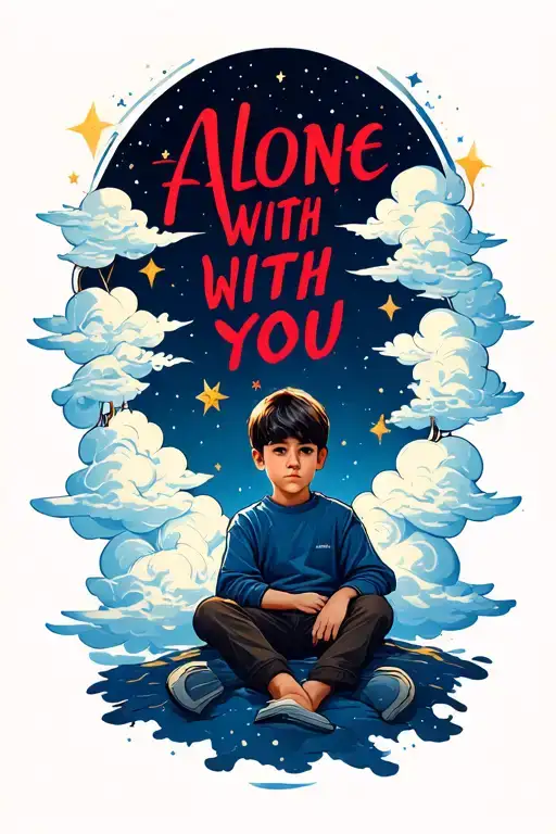 Kid Sitting Alone Clouds Around Above Him Stars Shining With A Red Quote Alone With You