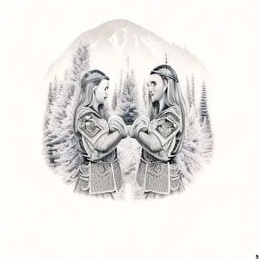 Viking Mother And Daughter With Pine Trees And Monarch Butterflies