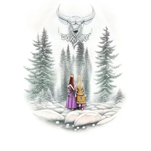 Viking Mother And Daughter With Pine Trees