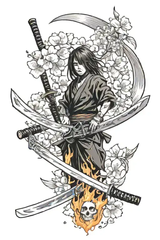 Katana On Fire With Sakura In The Background