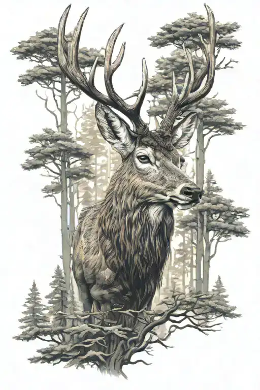 Red Deer In Forest Trees Background Looking