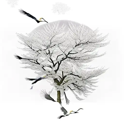 Cranes Flying Around Cherry Blossom Tree