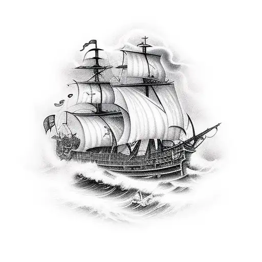 Pirate Ship On Stormy Seas At Night In A Storm Grim And Dark