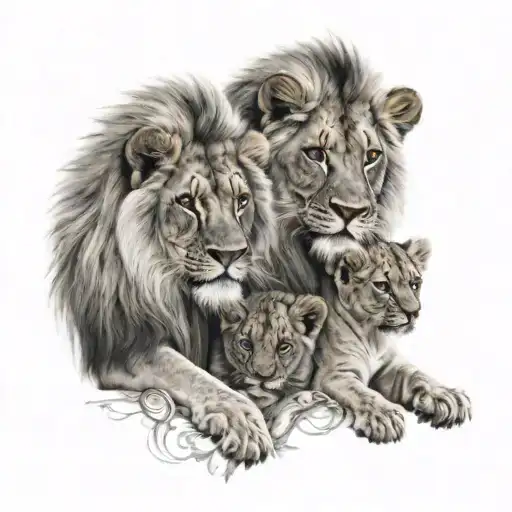 2 Baby Lions And Parents Portrait