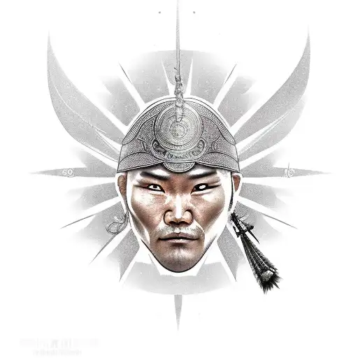 Create A Realistic Tattoo Of A Kazakh Warrior With A Sun In The Background