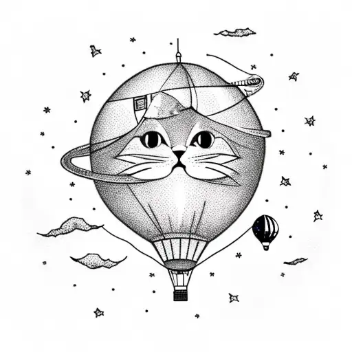 Astronaut Cat With Hot Air Balloon In Space
