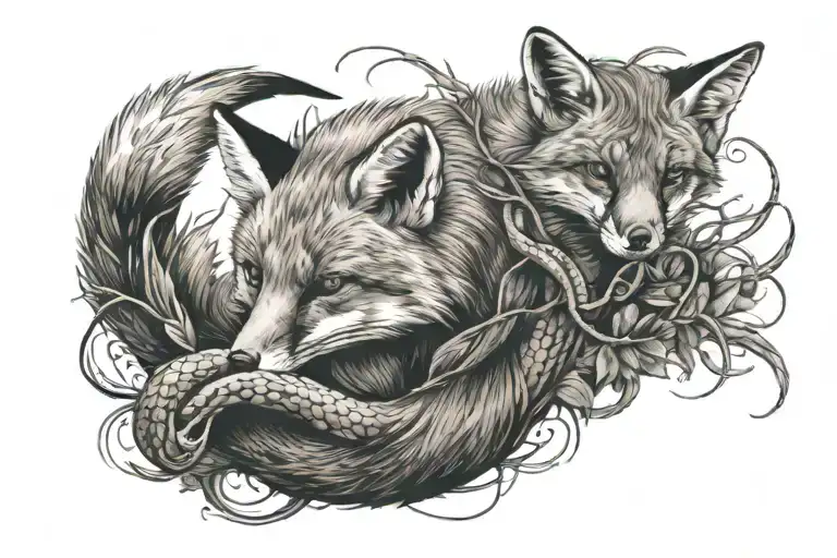 Red Fox Entwined With A Snake